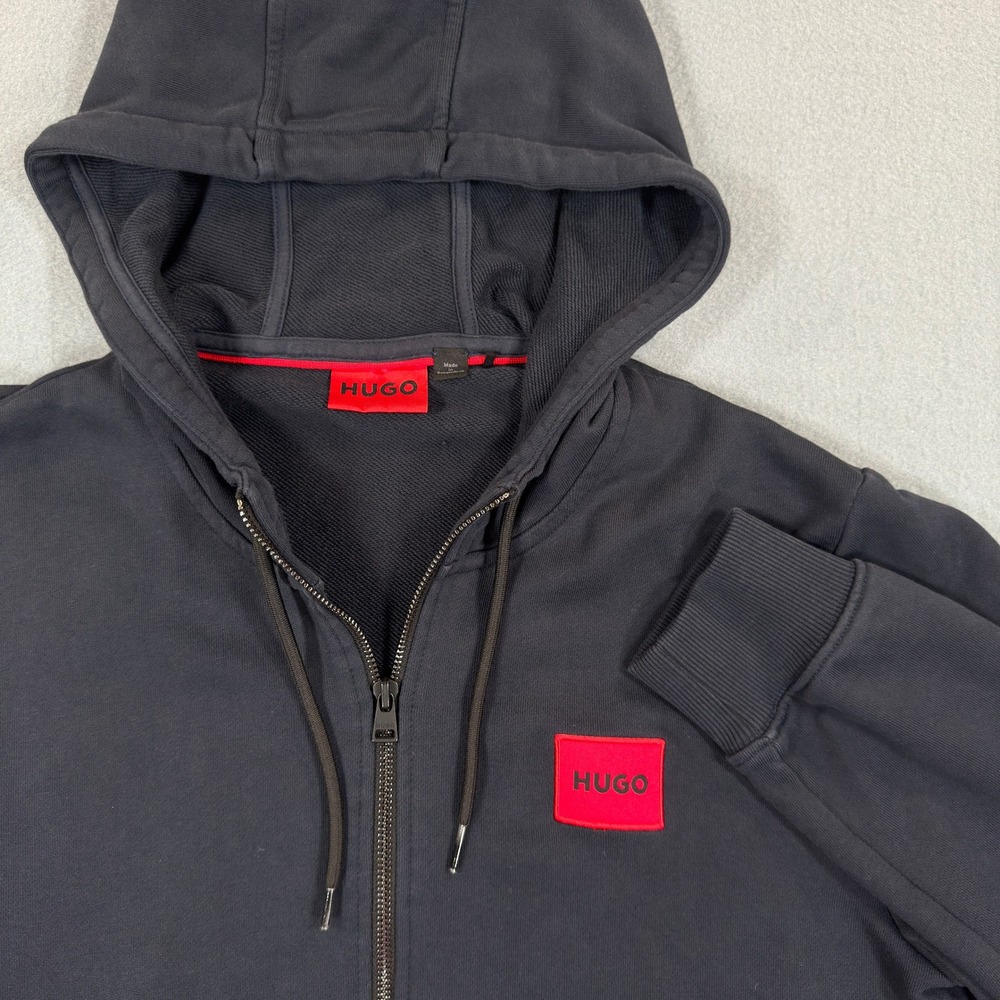 Hugo Boss HUGO Mens Black Full Zip Hoodie Red Logo Patch Size M